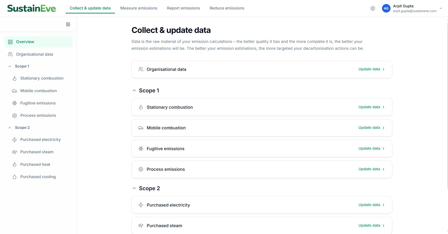 Sustaineve Collect and Update Data interface showing structured entry for Scope 1 sources including stationary combustion, mobile combustion, fugitive emissions, process emissions and Scope 2 sources including purchased electricity and steam
